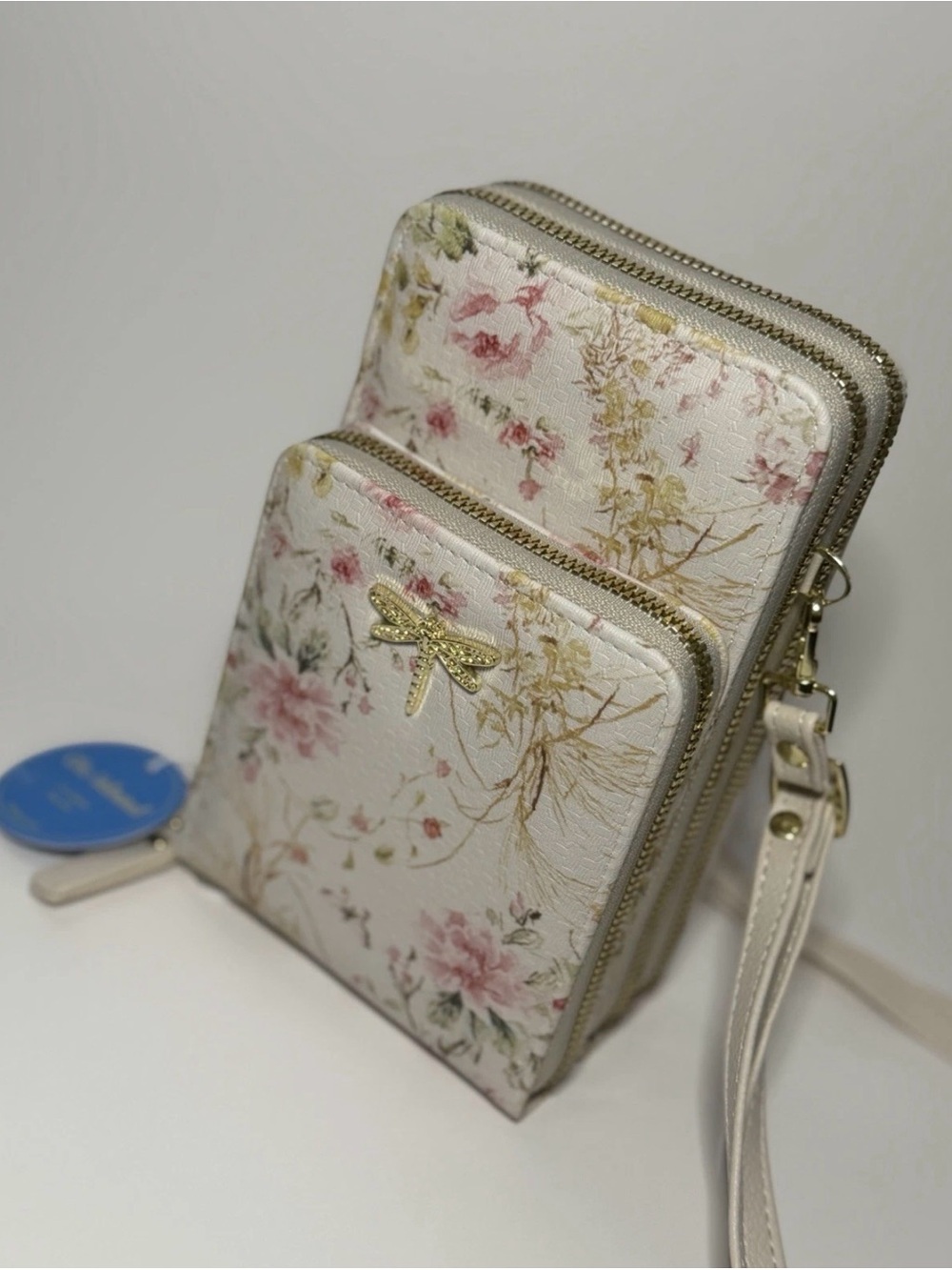 Cream Floral Crossbody Bag with Gold Dragonfly Accent - Women’s Crossbody